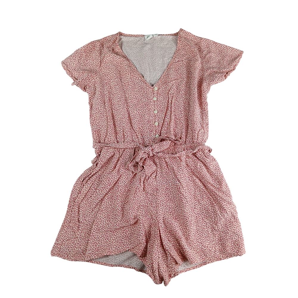 Gap Romper Womens Small Pink Floral Tie Waist V Neck Short Sleeve Pockets